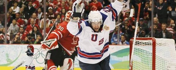 Drury of the U.S. celebrates his goal against Canada during their hockey game at the Vancouver 2010 Winter Olympics
